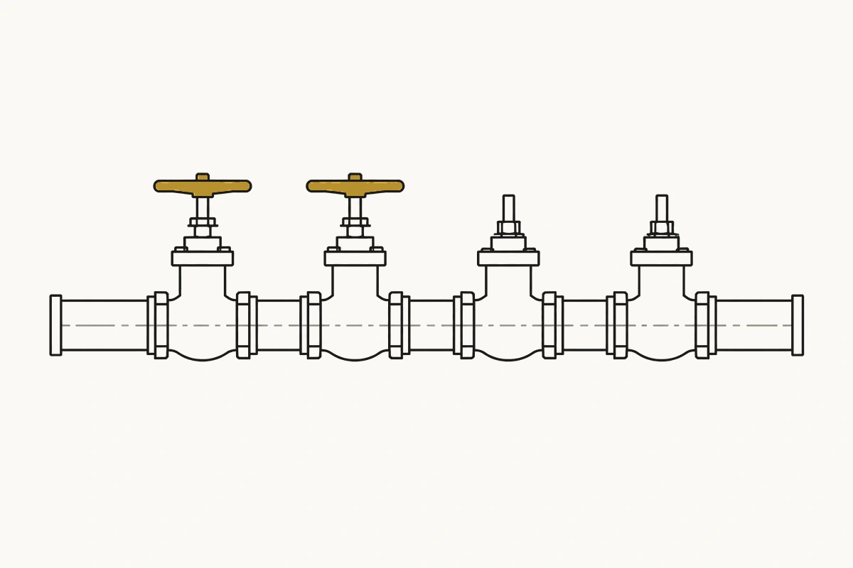 Four identical valves on a pipe; the two on the left have handwheels, the two on the right have bare stems.