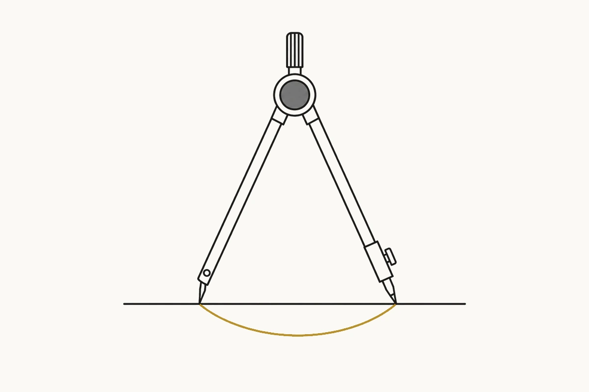 A drafting compass with its fixed point on a baseline, its drawing leg tracing a partial arc.